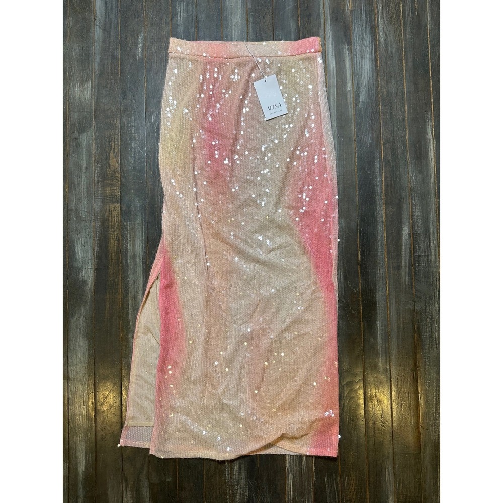 MISA Los Angeles Emina Ombre Sequin Midi Skirt Pink Peach Slit‎